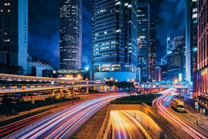 Street traffic in Hong Kong at night